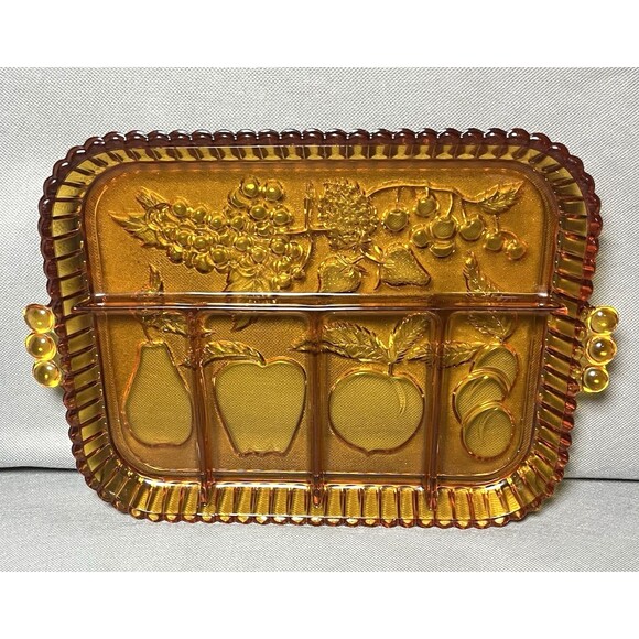 Vintage Indiana Amber Depression Glass Fruit Platter Serving Divided Tray - Picture 9 of 10